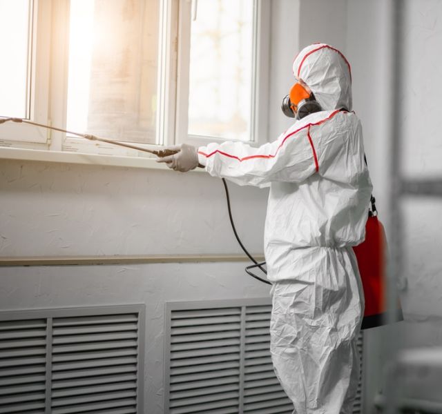 Individual in a white suit applying spray to a window during a mold removal service in Fort Worth, TX.