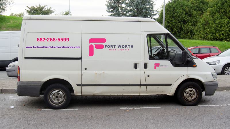 A white van featuring pink lettering for a mold removal service, parked in a Fort Worth, TX parking lot.